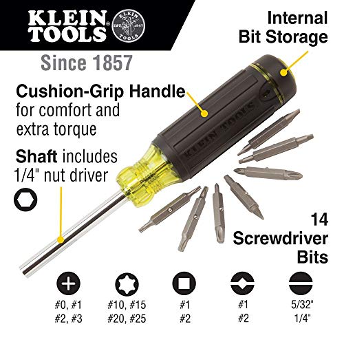 Klein Tools 32290 Multi-Bit Screwdriver with Storage with Cusion Grip For Maximum Torque and Comfort, 15-Piece