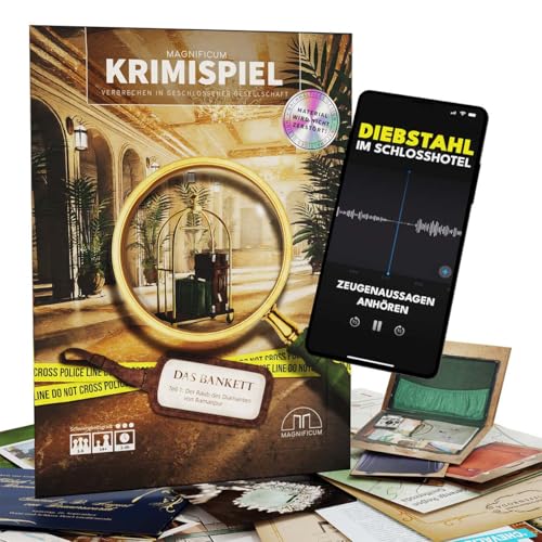 MAGNIFICUM Diebstahl aufklären: Das Bankett Teil 1 | Krimispiel für Erwachsene | Neureiche & Adelige Einbruch im Hotel | Detektivspiel mit Fallakte & digitalen Hinweisen (Keine App) 16 Personen