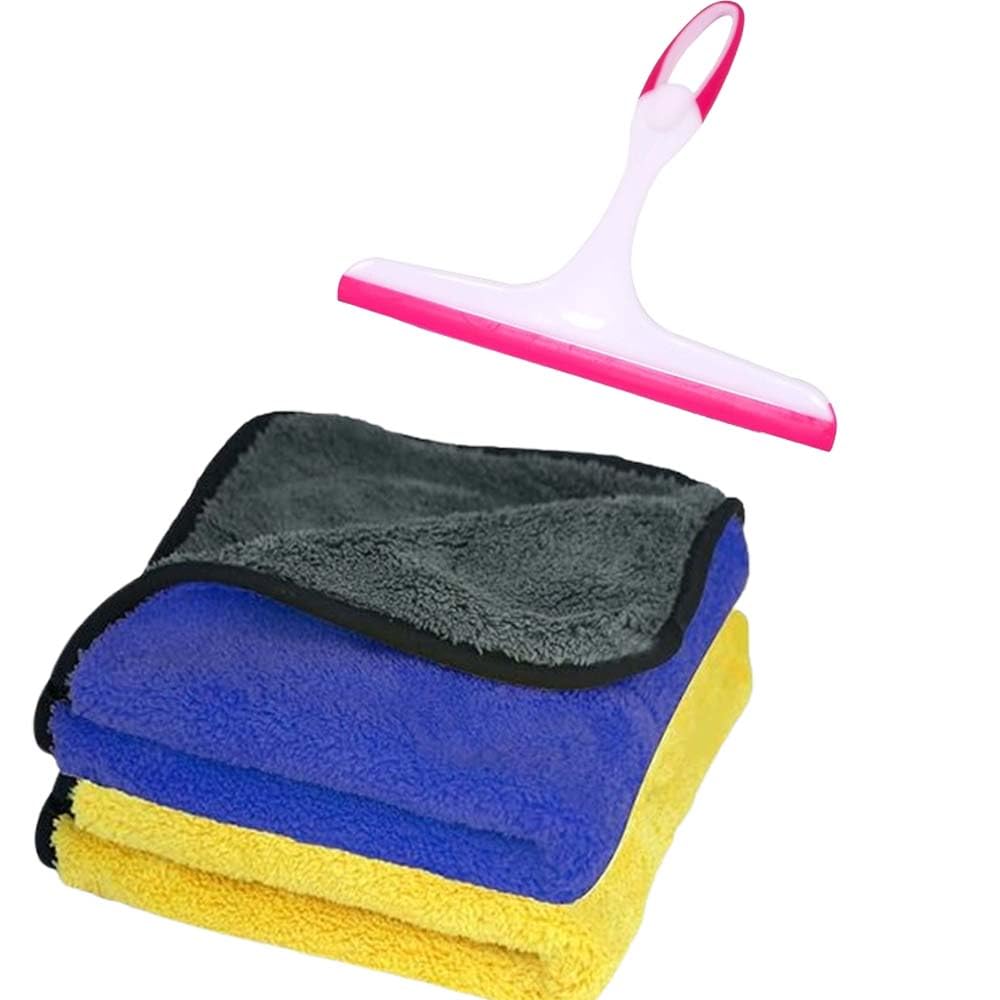 FAM ENTERPRISES Car and Bike Cleaning Combo | 2 Pcs Microfiber Towel/Cloth - 600GSM (40x40 CM) |1 Wiper | Full Interior and Exterior Cleaning Kit | Color – Assorted-image-1
