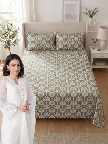 Image of Mafatlal 144 TC Floral bedsheet Double Bed Cotton, 90x100 inches Double Size Bed Sheet, Pure Cotton Full bedsheet with Pillow Cover, Bed Spread Set|Olive Green