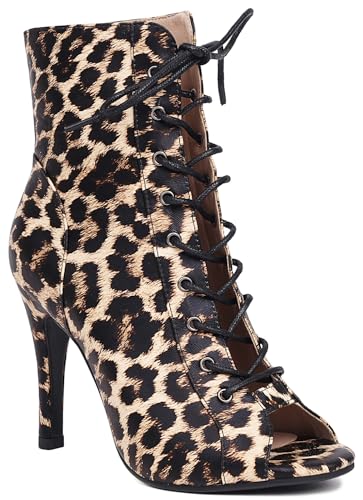 Women's Ballroom Dance Shoes Peep Toe Animal Print Lace-up Latin Salsa Boots Model F39 (4.3in-Heel Medium Leopard, 10)