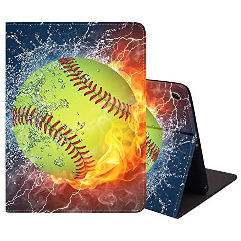 LACOMA for New iPad 7th Generation/iPad 10.2 Case, Soft Rubber Back Cover, Protective Leather Case, Adjustable Stand Auto Wake/Sleep Smart Case for iPad 10.2 inch - Burning Softball Fire and Water Cover