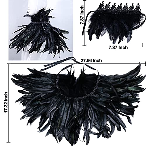 Gothic Real Black Feather Cape Shawl Shoulder Wings Choker Collar with 1 Pair Feather Cuffs, Unisex Fashion Feather Cape Shrug Shawl Stole Poncho, Halloween Cosplay Costume Party for Women Men4