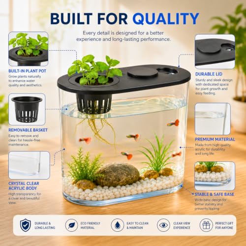 Image of VAYINATO PS-30L (Black) 10L Fish Tank with Plant Growing Basket & 7-Color LED Light | 30H x 13B x 28L cm Desktop Aquarium for Guppy, Betta & Small Fish | Stone & Plant Not Included