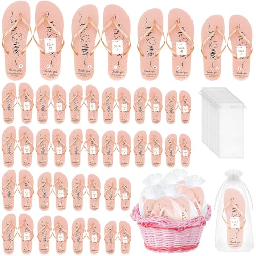 MALLOOM Lot de 24 Paires de Tongs de Mariage – Sandales Tongs pour Femmes avec Cartes de Taille et Sacs à Cordon (Blanc, Rose, Jaune)