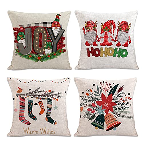 Chengxun HoHoHo Weihnachtsmann-Zwergen-Überwurfkissen, 4 Stück, 45,7 x 45,7 cm, Weihnachten, Zuhause, Sofakissenbezug, Baumwolle, Leinen, quadratische Kissenbezüge (LH-PC-4) Cover