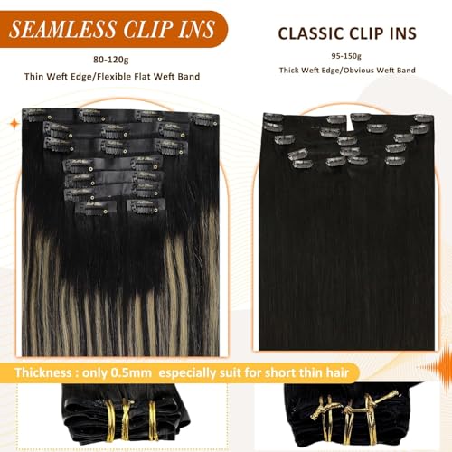 Image of Full Shine Seamless Clip in Hair Extensions Human Hair, Balayage Natural Black to Blonde Balayage Highlights, Invisible PU Weft for Short Hair, Lightweight 80g Natural Volume, 12 Inch, 8 Pcs