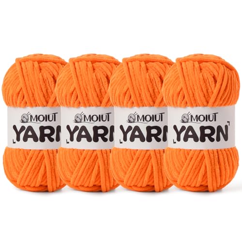 Image of 4 Packs Fluffy Chenille Yarn for Crocheting, Chunky Velvet Yarns for Crochet Amigurumi, Baby Yarn for Crocheting Soft Blanket, 349.9yds /14.1 oz Bulky Yarns for Crafts /Hats /Shoes /Socks (4 Orange)