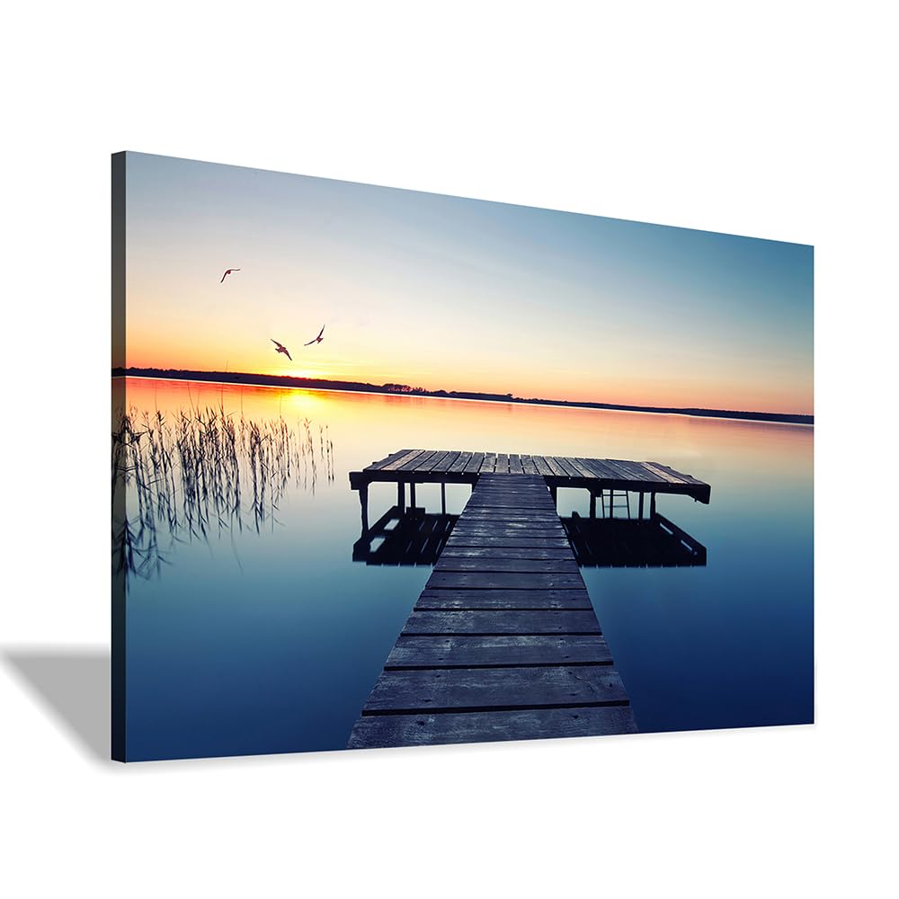 lake wall art pier picture: scenic nature canvas wall art lake scene artwork dock scenery wall decor painting - sunset landscape prints for bedroom house 16