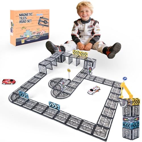 66PCS Magnetic Tiles Road Set for Kids - Educational Building Toys with Mini Tiles 40 Tracks/Junctions Road Signs & Traffic Lights Safe Ages 3+