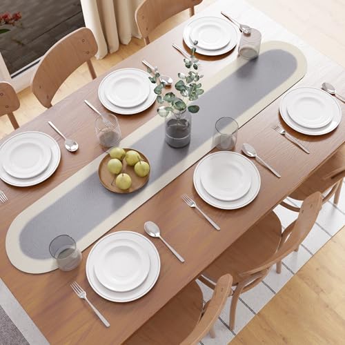 Image of Encasa XO Table Runner for 4 Seater | Handmade Ribbed Style Cotton | 30x137 cm | Light Grey & Off White | for Dining & Center Table