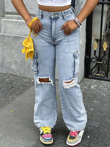 Baggy Jeans for Women,Wide Leg y2k Pants Ripped Jeans Street Cargo for Young Women Retro Streetwear Bottoms2