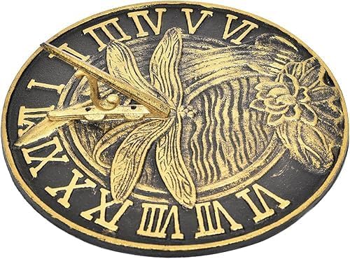 Iron Cast Dragonfly Sundial, 10 Inch Dia Vintage Sun Dial Dragonfly & Lotus Decor, Verdigris Finish with Gold Highlights, Outdoor Decorative Clock, Pretty Garden Patio Ornament