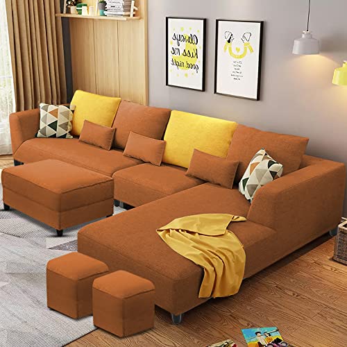Image of Casaliving Minta RHS 8 Seater L Shape Sofa Set with Ottoman & 2 Puffy for Living Room (Orange - Colour Fabric) Premium Fabric Sofa Set ForLiving Room | Hall