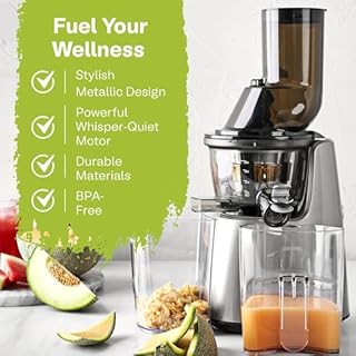 Kuvings Whole Slow Juicer C7000SS - Slow Masticating Juicer Machine with Quiet 240W Motor & BPA-Free Components - 3in Wide Mouth Feed Chute & Removable Hopper for Juices & Sorbets - Silver Pearl
