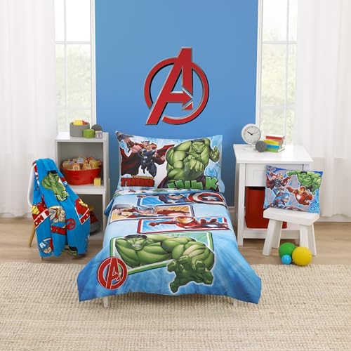 Image of NoJo Marvel The Avengers I Am A Hero Blue, Green, Red, and Yellow 4 Piece Toddler Bed Set - Comforter, Fitted Bottom Sheet, Flat Top Sheet, and Reversible Pillowcase