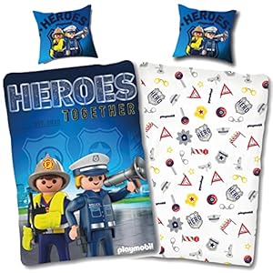 Playmobil Bettwäsche 135×200 80×80 Kinderbettwäsche Jungen Baumwolle Polizei Geschenk Feuerwehr Wendebettwäsche Set 2 TLG. 1x Bettbezug 1x Kissenbezug