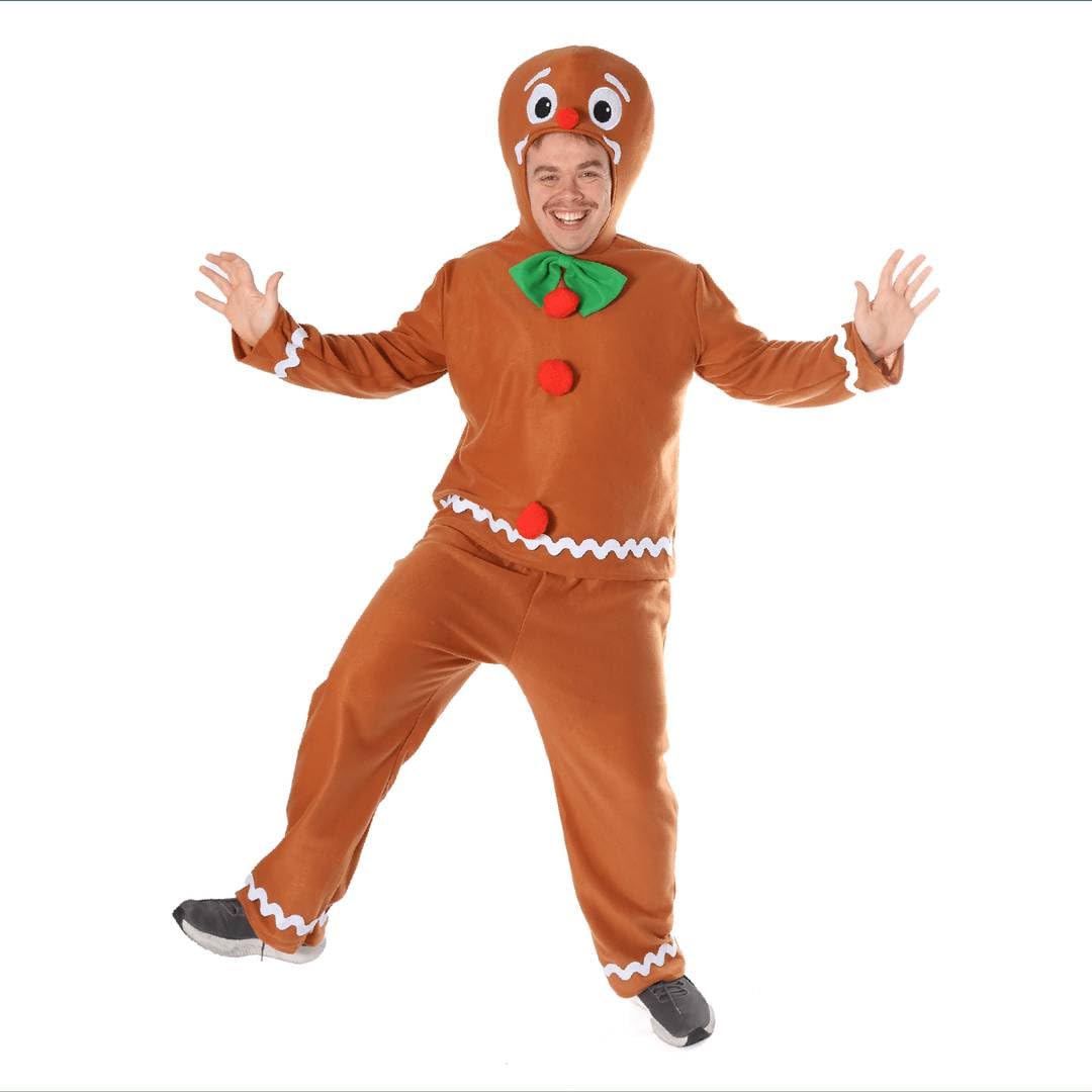 Mens Gingerbread Man Christmas Costume - X-Large/XX-Large - Brown Top with Green Bowtie & Gingerbread Man Hood, Brown Trousers - Adults Festive Party Xmas Fancy Dress Costume