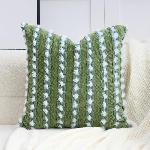 Cythasily 18x18 Boho Pillow Cover - Chenille Tufted Decorative Throw Pillow Cover Soft Velvet Backing, Farmhouse Striped Square Accent Pillow Case for Sofa, Couch, Bedroom, Living Room, Green White Cythasily 18x18 Boho Pillow Cover - Chenille Tufted Decorative Throw Pillow Cover Soft Velvet Backing, Farmhouse Striped Square Accent Pillow Case for Sofa, Couch, Bedroom, Living Room, Green White