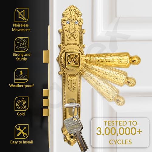 Image of Plantex Main Door Lock Handle Set /6-Lever Lock Mechanism with 3 Years of Warranty /Mortise Door Lock with 3 Keys, Brass Lockbody & Cylinder(657- Gold)