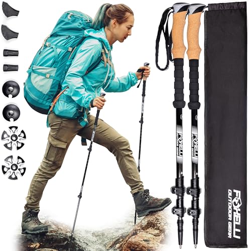 Foxelli Carbon Fiber Trekking Poles – Lightweight Collapsible Hiking Poles with Cork Grips, Quick Flip Locks & All-Terrain Accessories – Adjustable Height Hiking Sticks for Men & Women