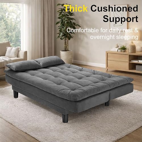 Image of Modern 3 Seater Sofa Cum Bed with Cushions, Foldable Convertible Couch, Velvet Fabric Sleeper Sofa for Living Room, Guest Room, Grey
