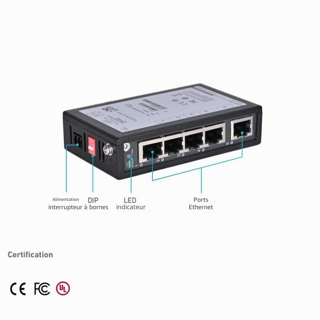 InHand Networks ISE2005D Switch Ethernet Industriel 5 Ports 10/100 Mbps, Commutateur Réseau Non Géré pour Rail DIN, Ultra-Compact, -40°C à +75°C, Certifié CE/UL (Bornier Inclus)