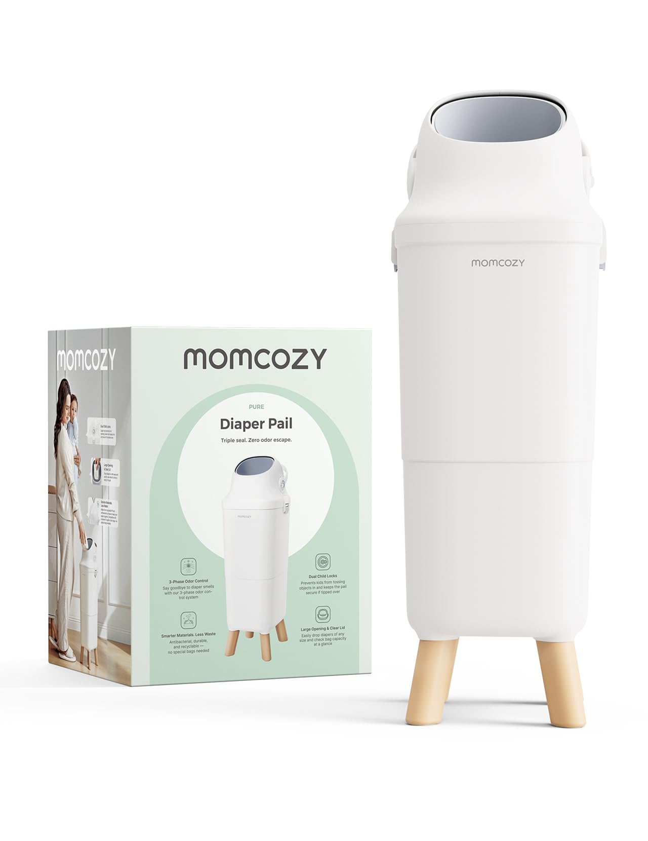 Momcozy Kosz na pieluchy z 3-krotnym systemem zamykania do redukcji zapachów, szeroki otwór, ergonomiczna wysokość, duża pojemność z okienkiem, zamknięcie zabezpieczone przed dziećmi, na standardowe