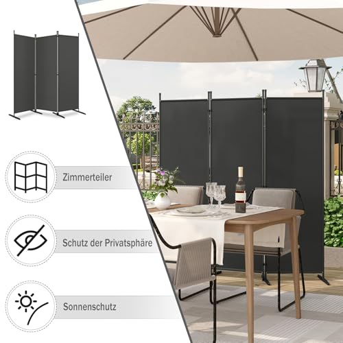 WOLTU Paravent, Raumteiler klappbar freistehend Sichtschutz, Trennwand 3 teilig 167x177 cm, Stellwand für innen Outdoor Garten Balkon Terrasse, Raumtrenner Dunkelgrau