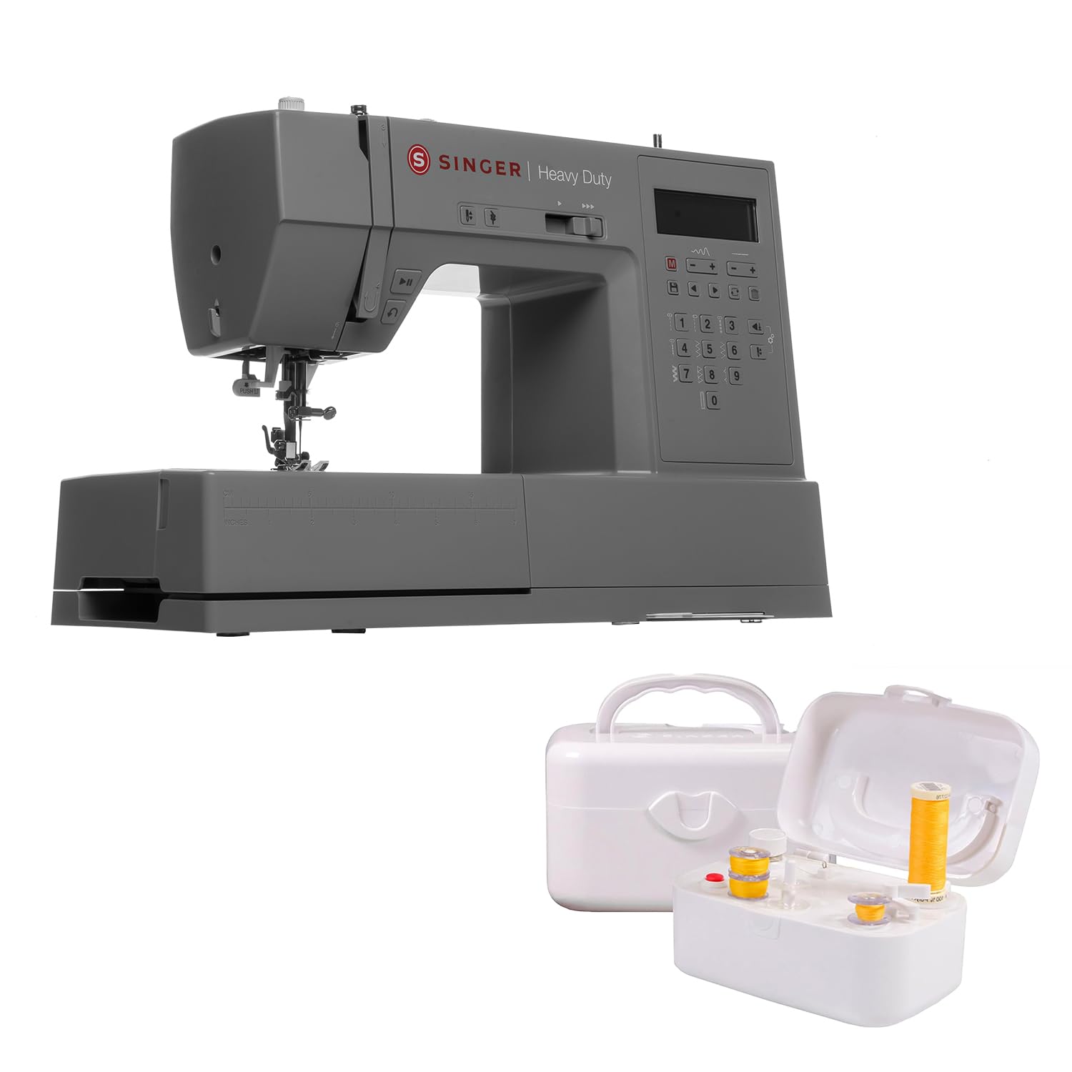 SINGER HD6700C Electronic Heavy Duty Sewing Machine with 411 Stitch Applications + SINGER Bobbin Winder - for Class 15 and 15J Bobbins - Battery Powered with Included Power Adapter, White