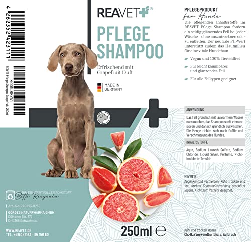 ReaVET Hundeshampoo mit Grapefruit 250ml - Pflegeshampoo Kokos für Hunde, Vitale Haut, Fellglanz, Kämmbarkeit, Shampoo Hund, natürliche Inhaltsstoffe