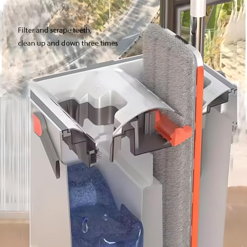 Image of Flat Mop Set with Dual-Chamber Bucket | Wet & Dry Mopping | 360 Rotating Microfiber Head | Hands-Free Wringing | Lightweight ABS for Tile, Marble, Wooden & Laminate Floors