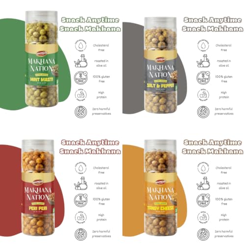 Image of MAKHANA NATION Roasted Flavoured Makhana Combo - 360g | Mint Masti, Peri Peri, Salt & Pepper and Tangy Cheese | Crunchy Fox Nuts Snack | High Protein, Low Calorie | Gluten Free & Ready to Eat | (90g x 4 Packs)