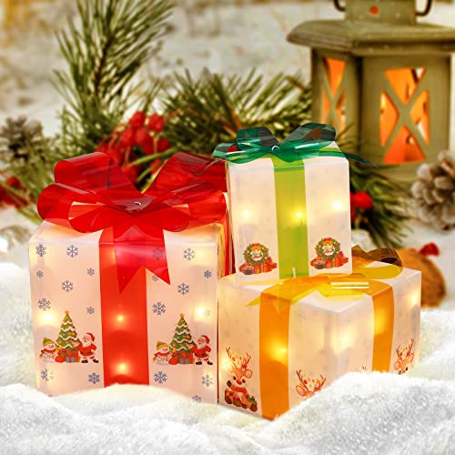 Set of 3 Christmas Decorations Lighted Gift Boxes, Gift Boxes (Large, Medium, Small) with 50 Mini Lights for Indoor Outdoor Christmas Tree Home Party Decor