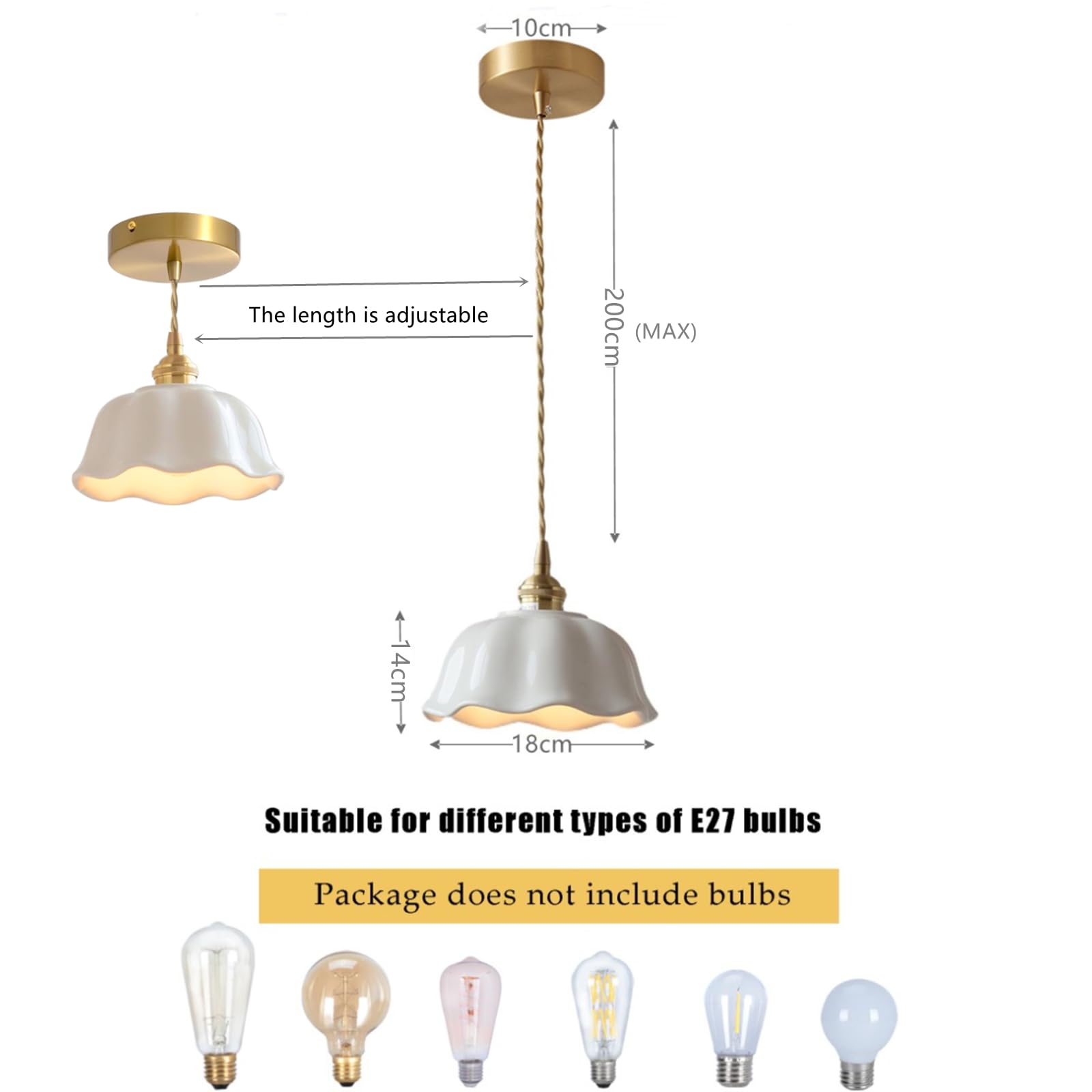 Lámpara Colgante de Cerámica Blanca,Luz Colgante de Techo de Latón E27 Industrial Vintage,Lámpara de Araña para Salón Cocina Pasillo Comedor(2 Pack)