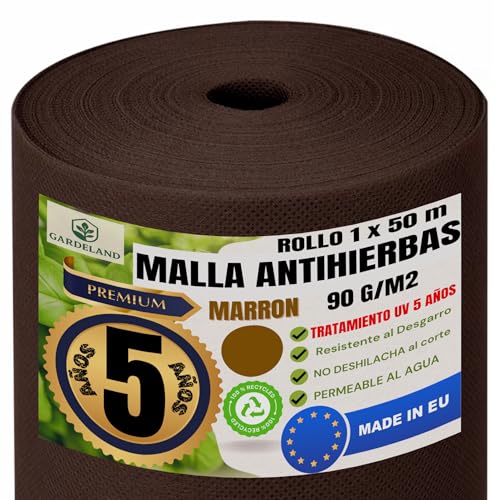 GARDELAND Malla Antihierbas Marron Tela Antihierbas Jardin - Premium 5 AÑOS a la Intemperie - Tratamiento UV - Rollo de 50 Metros x 1 Metro - 90 gr/m2, Geotextil, NO DESHILACHA al Corte, Made in EU