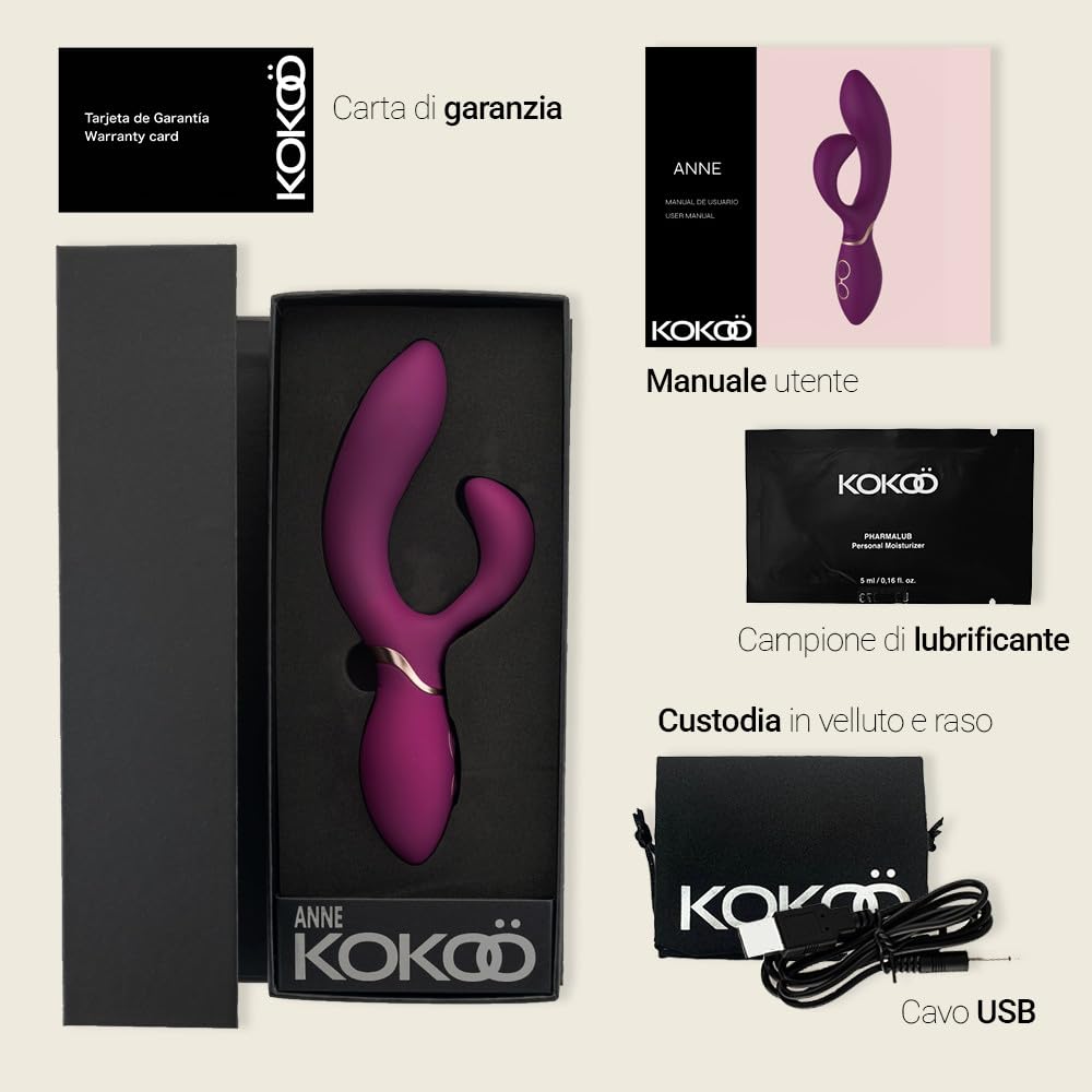 Kokoö Vibratore Rabbit Stimolazione Doppia Anne – 3 Velocità & 7 Modalità, Silicone Medico, Motore Potente e Silenzioso, Impermeabile IPX7, Ricaricabile USB (Fuscia)