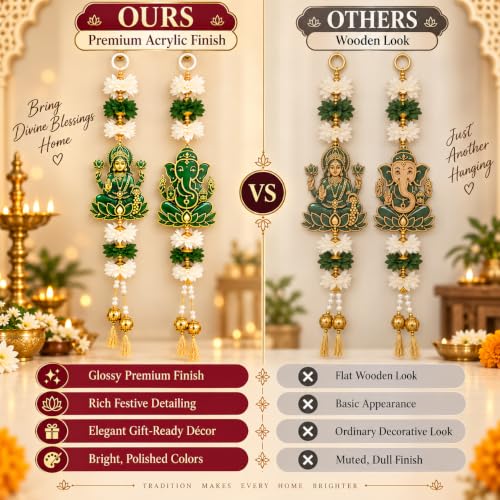 Image of Akaar Decor Lakshmi Ganesha Hanging for Door | Acrylic Festive Latkan with Flowers & Pearls | Diwali Pooja Room Entrance Decor | 16 Inch, Pack of 2