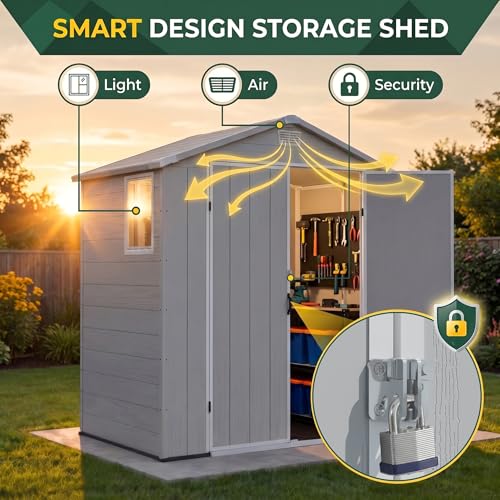 Image of Devoko 6 x 4 FT Resin Shed with Floor, Outdoor Plastic Storage Sheds with Windows, Waterproof Utility Tool Garden Shed with Lockable Door for Backyard Patio Lawn, Light Gray