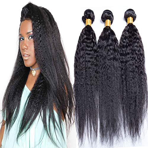 Yaki Kinky Straight Brazilian 3 Bundles Human Virgin Hair Weave Extensions Natural Color (16 18 18)