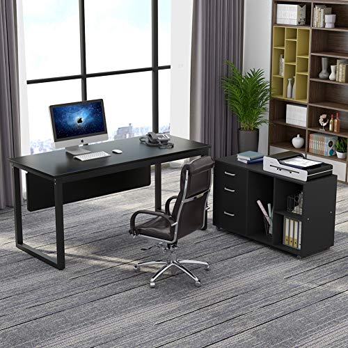Tribesigns L-Shaped Computer Desk, 55 inch Large Modern Executive Office Desk Business Furniture with File Cabinet and Storage Shelves for Home Office, Black