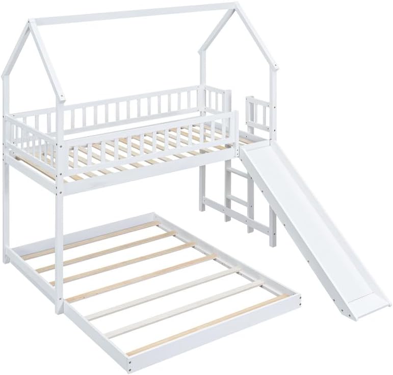 Twin Over Full Bunk Bed with Slide, Wooden House Bed Frame with Full-Length Guardrail and Built-in Ladder, Modern House Bunkbed No Box Spring Needed, Easy Assembly, White