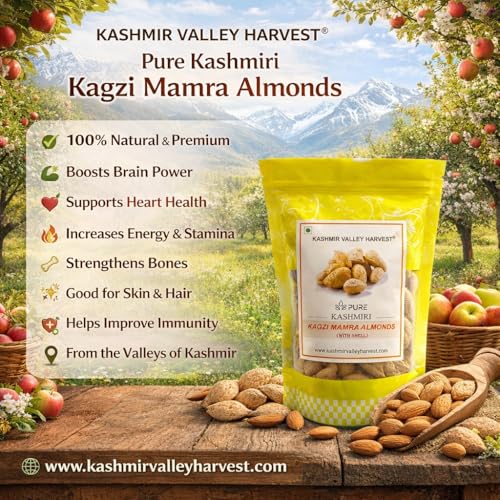 Image of Kashmir Valley Harvest Kashmiri Kagzi Mamra Almonds With Paper Shell - 250g | 100% Natural | Premium Badam in Shell | Authentic | High in Fibre | Boost Immunity | Organic (Pack of 1)