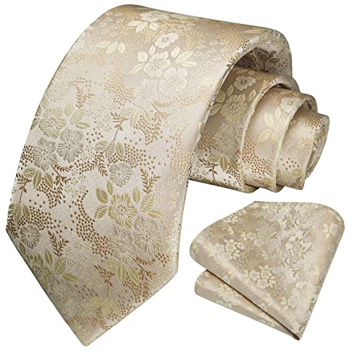 Image of HISDERN Men Floral Ties Woven Classic 3.4 inch Necktie Set Formal Tie Pocket Square for Wedding with Handkerchief Gift Box