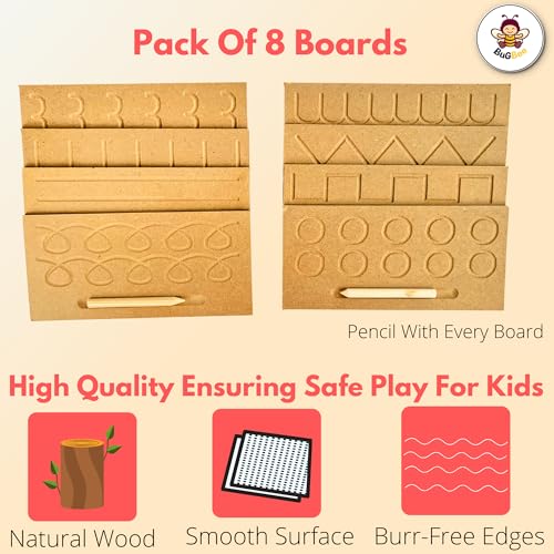 Image of BuGBee Educational Tracing Wooden Board for Kids | Counting Learning Puzzle for Children | Writing Slate for Toddlers | Montessori Toy for 2+ 3+ Years | Handwriting Practice Prewriting Board Set of 8