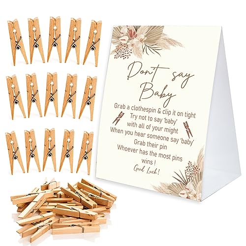 Don't Say Baby Game for Baby Shower Clothespin Game, One 5x7 Coated Paper Sign and 50 Natural Clothespins, Boho Baby Shower, Watercolor Bohemian with Feathers Theme, Gender Neutral -NDSBB44