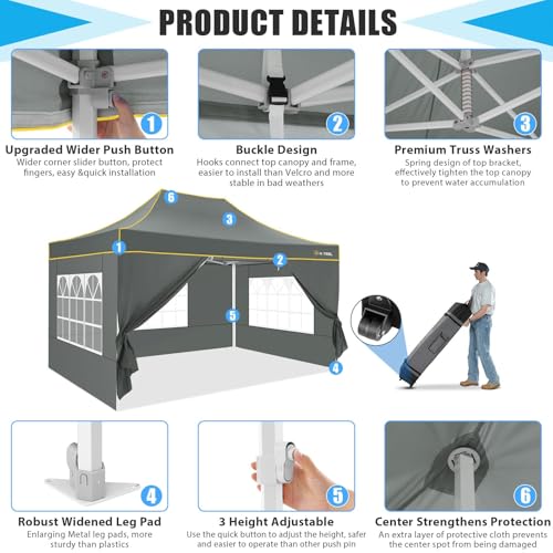 Image of HOTEEL 10x15 Heavy Duty Pop Up Canopy with Sidewalls, Party Tent with Roller Bag for Event Wedding, Upgraded Commercial Waterproof Instant Canopy, Thick Hexagonal Legs, UPF50+, Gray