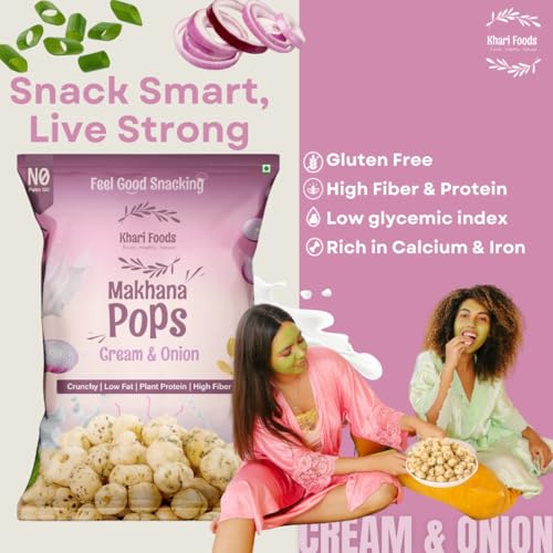 Image of Khari Foods Premium Flavoured Makhana 25g, Crunchy & Roasted Makhana Pops, Protein Source, Fibre Rich, No Palm Oil, Gluten Free (Cream & Onion Pack 4)