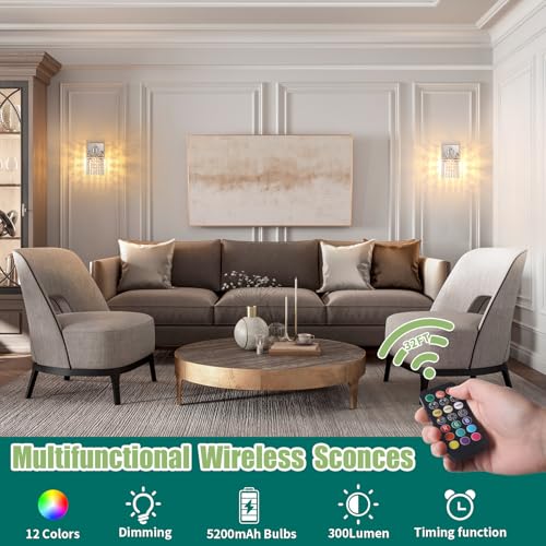 Image of Shenmoyl Set of 2 Crystal Battery Operated Wall Sconce,Rechargeable Wall Lamp with 5200mAh Battery & Remote Control, Modern Dimmable Wireless Wall Lights for Bedroom Bathroom (Clear, Silver Base)