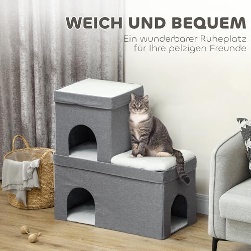 PawHut Katzenhöhle Katzenhütte, Katzenhaus mit 3 Ebenen, Katzenbett mit Kissen, Hundehaus für Katzen bis 5 kg, 74 x 37,5 x 78,5 cm, Grau